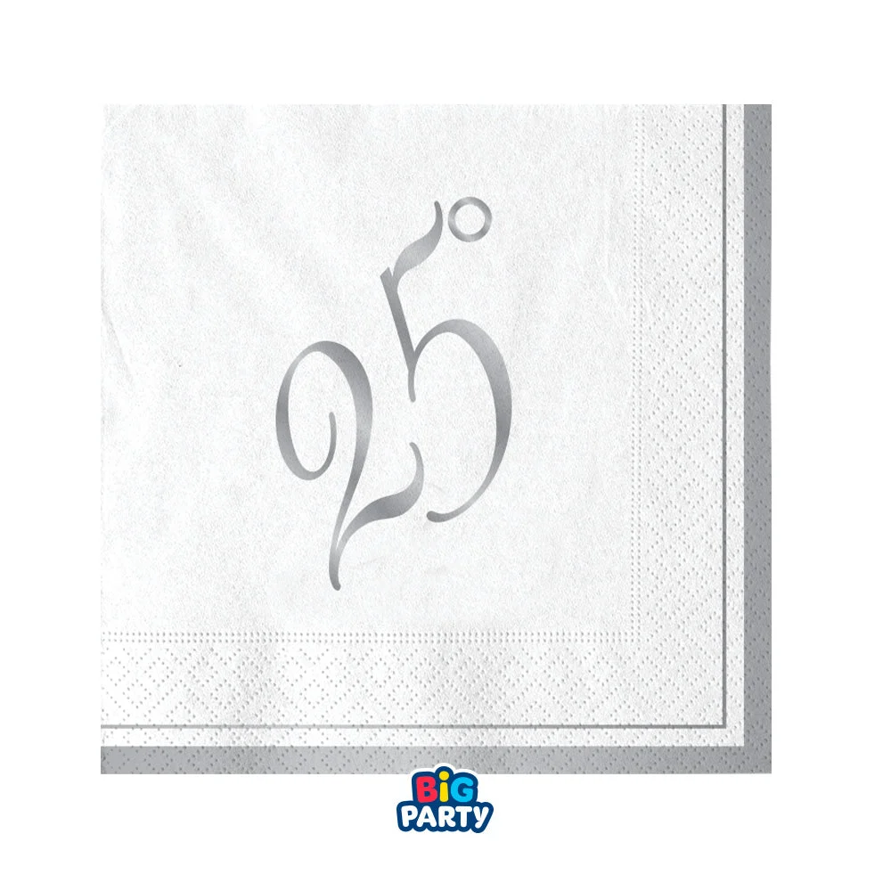 Big Party Tovaglioli Carta 25° Anniversario 25 x 25 Cm Cf 16 Pz Bianco Argento