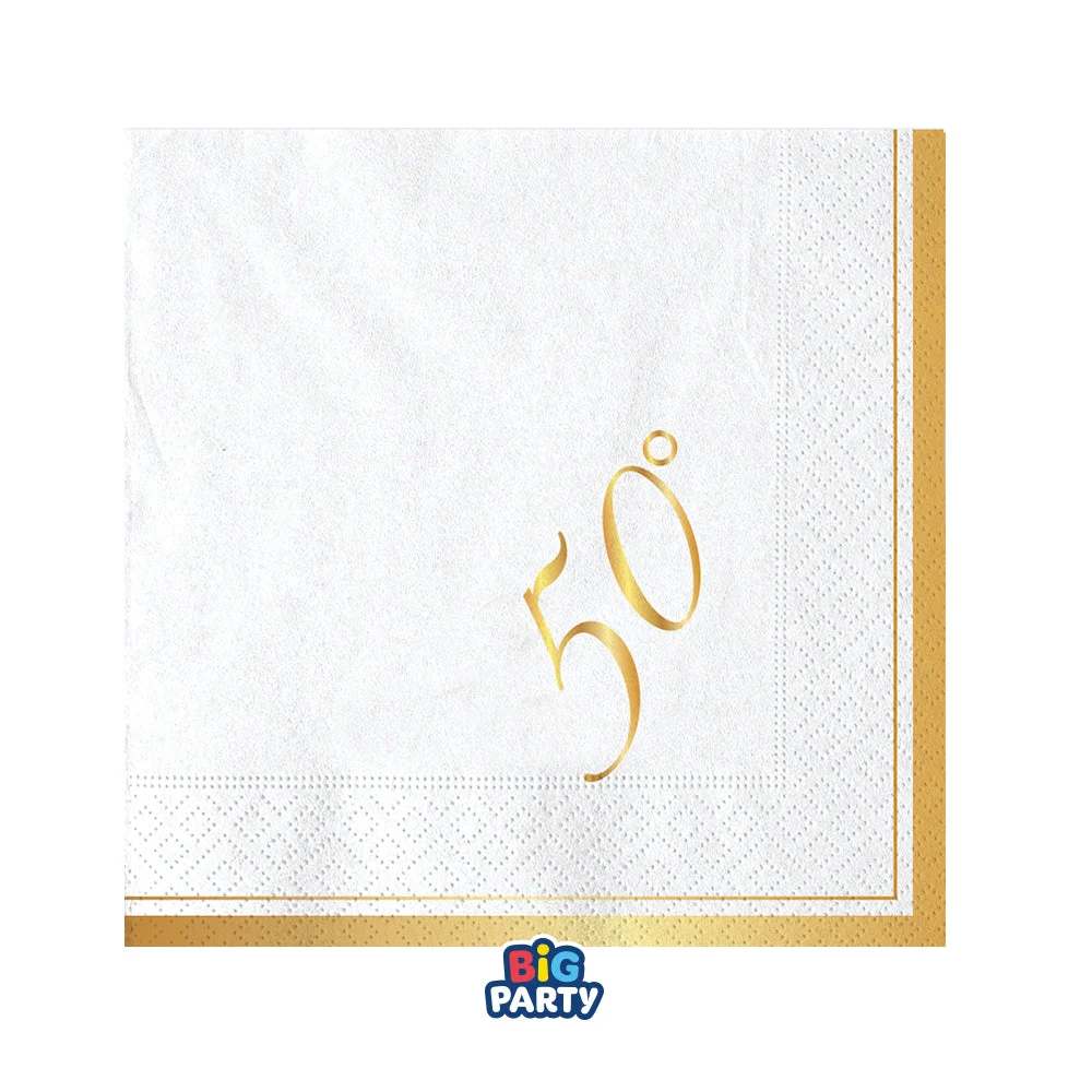 Big Party Tovaglioli Carta 50° Anniversario 25 x 25 Cm Cf 16 Pz Bianco Oro