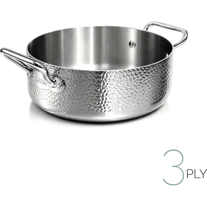 AGNELLI Casseruola Bassa Martellato Aluinox 3 Ply 20x6 Cm con 2 Maniglie in Acciaio Inox