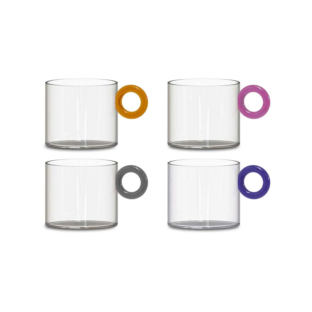 WD LifeStyle Set 4 Tazze da Tè Vetro Borosilicato Cc 300 ml Manico ad Anello Multicolor