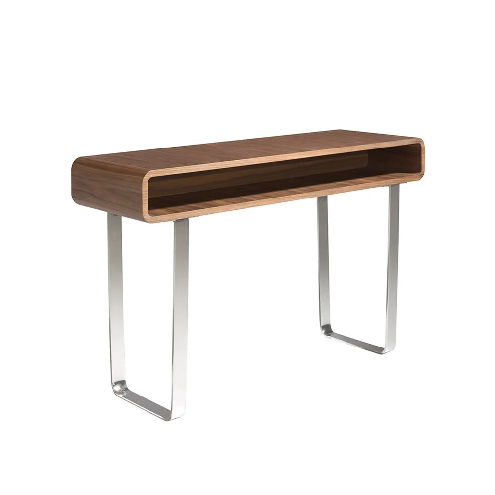 Angel Cerda consolle fissa in legno di noce su gambe in acciaio inox cromato