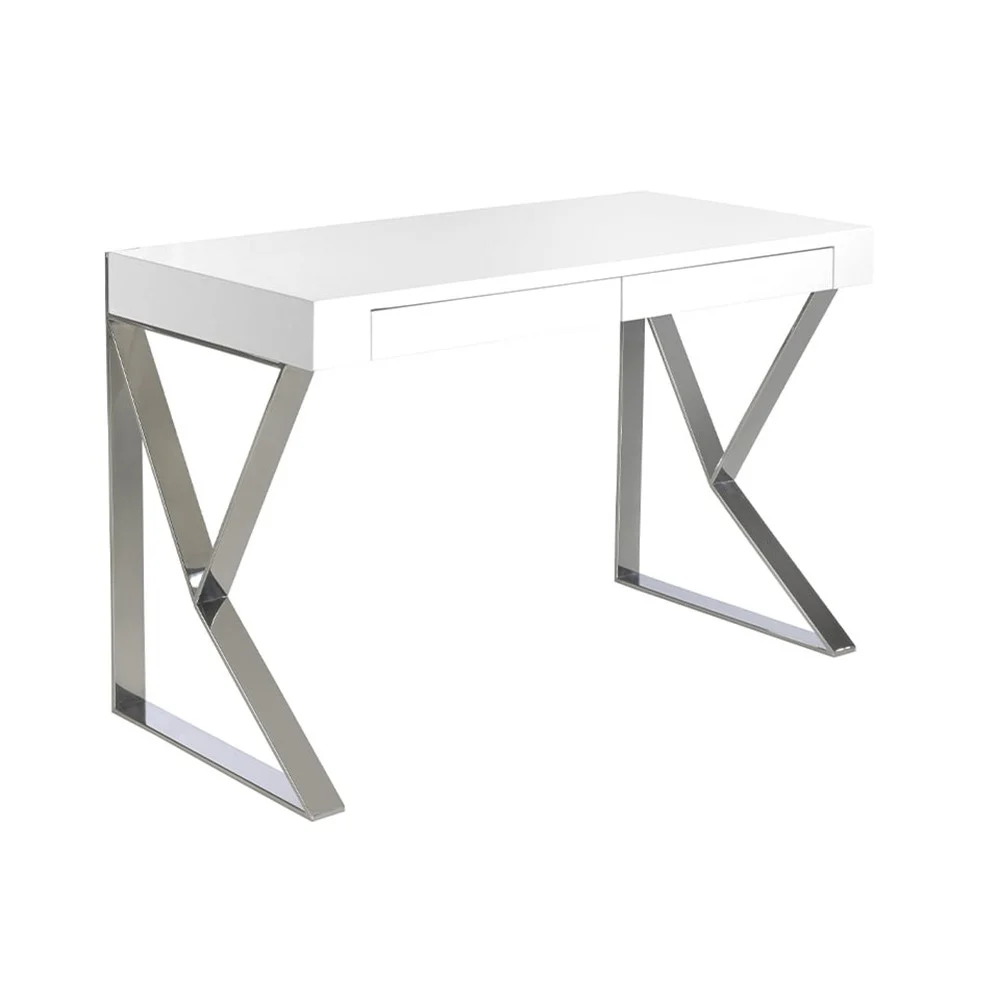 Angel Cerda scrivania 3014 da ufficio in MDF laccato bianco lucido o noce con due cassetti e gambe in acciaio inox cromato