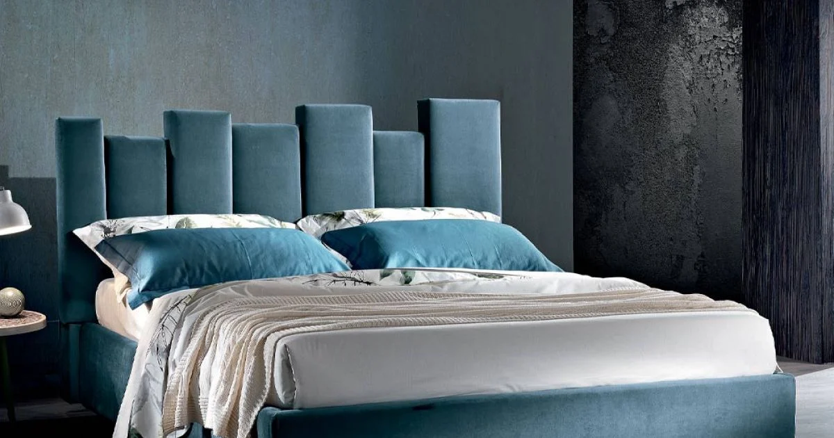 Letto Matrimoniale di Design Imbottito Moderno Blu o Grigio Alta Qualità - Kenzo
