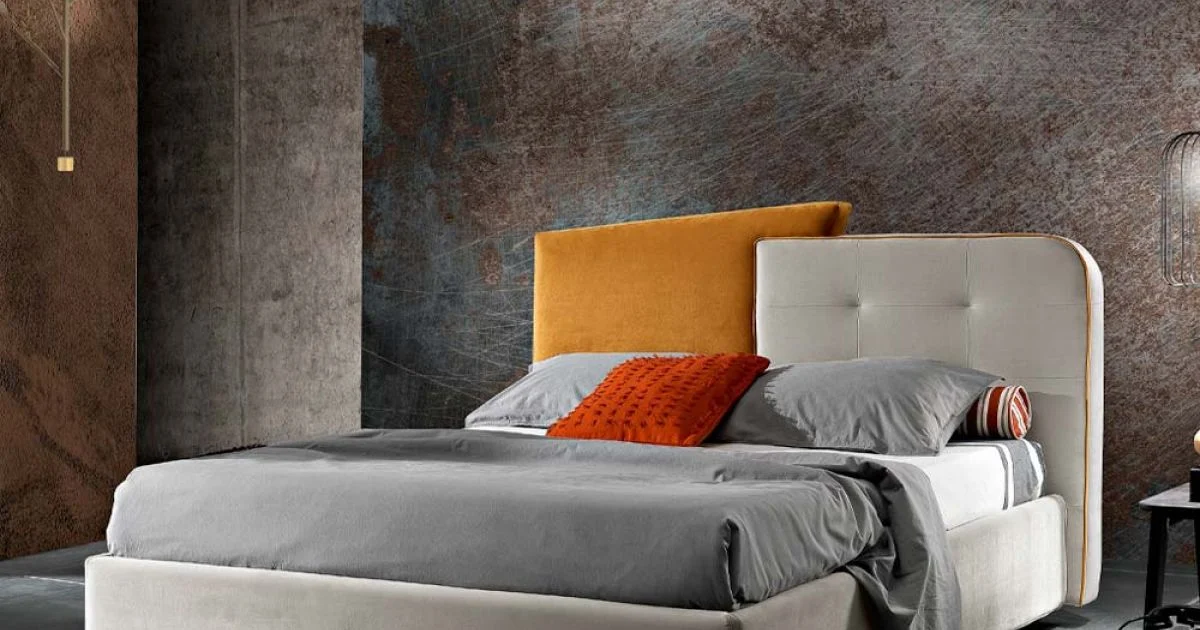 Letto Matrimoniale Moderno Design in Velluto Grigio e Arancione - Plorifon