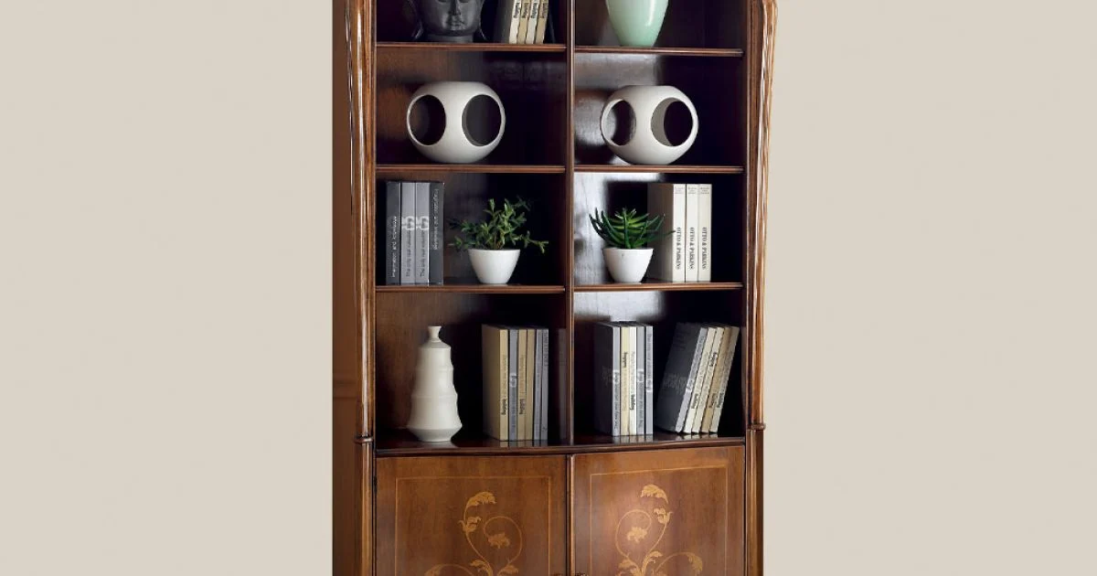 Libreria in Legno Noce Bassano Intarsiato con Ante Made in Italy - Commodo