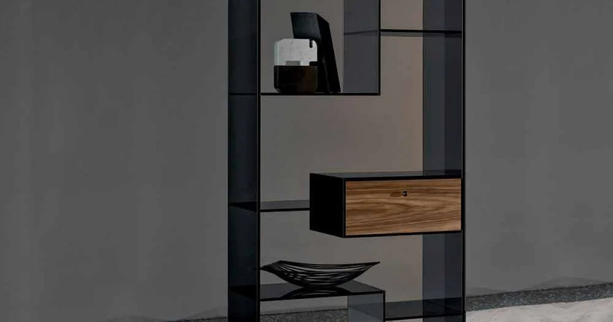 Libreria in Vetro Fumè con Cassetto Legno Noce Canaletto Design Italiano - Linzy