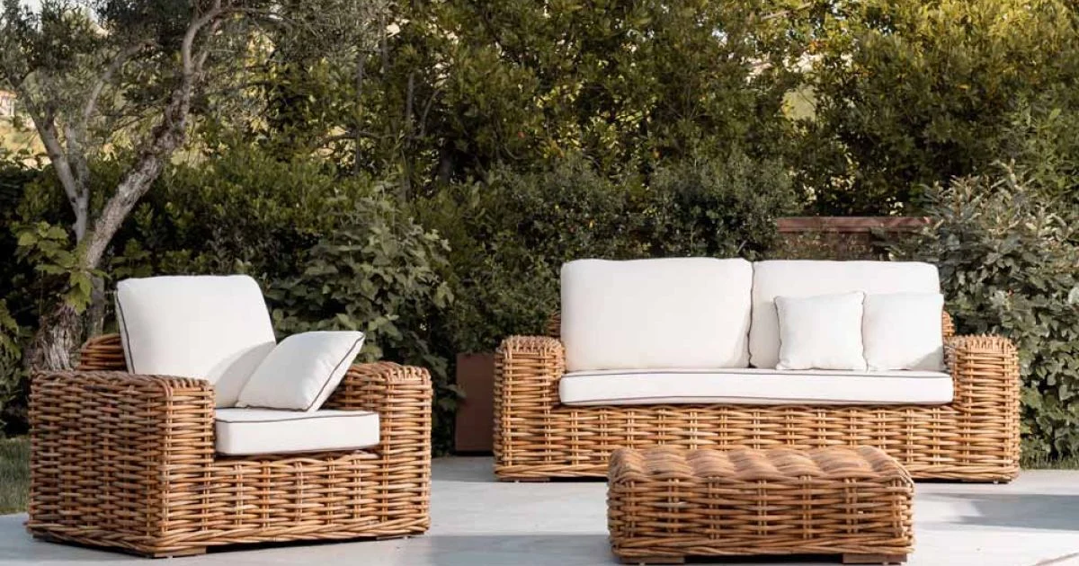 Salotto Outdoor in Rattan Naturale, Cuscini Inclusi, – Keira