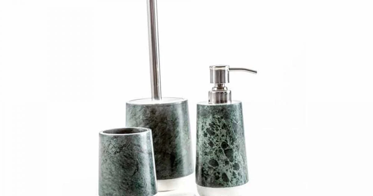 Set accessori da bagno moderni in marmo verde screziato Bombei