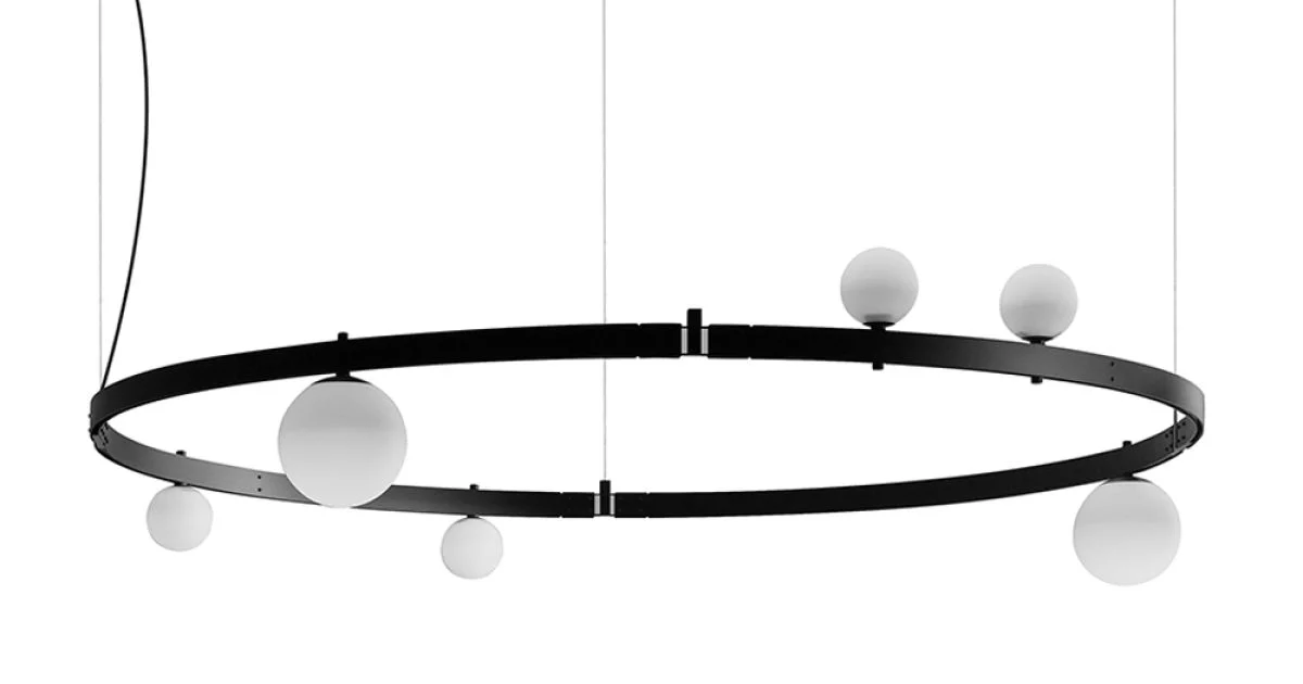 Sospensione di Design Tondo in Alluminio Nero con Sfere e Faretti - Esodo