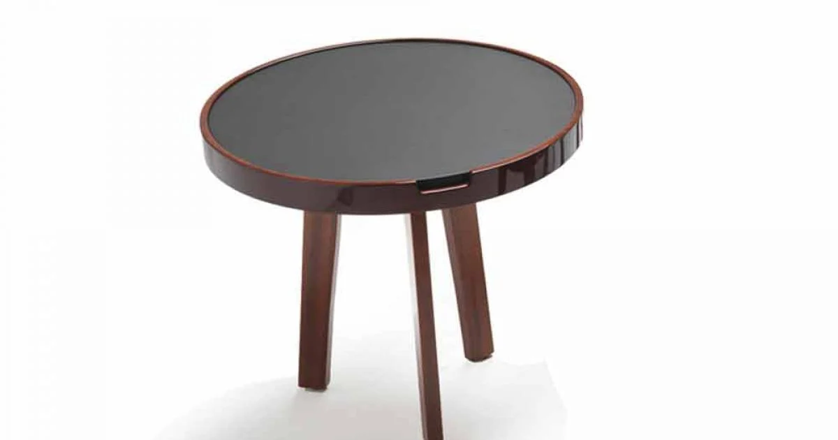 Tavolino cocktail con piano in pelle nera design, diametro 60cm, Selmo