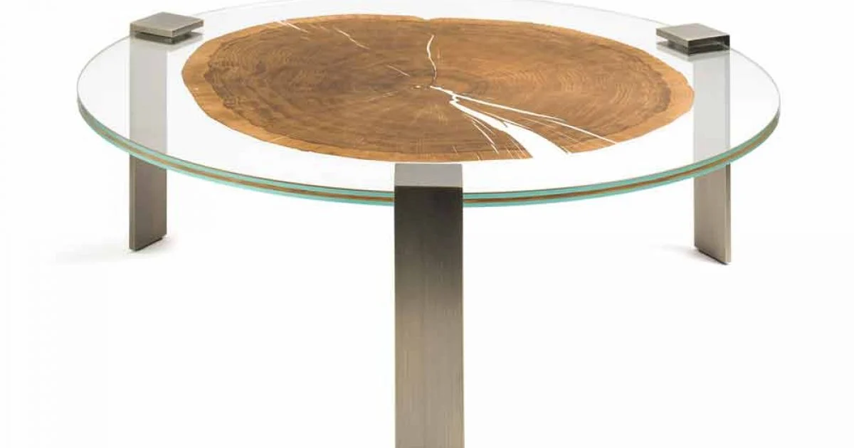 Tavolino da salotto rotondo basso con piano in vetro e legno Buck