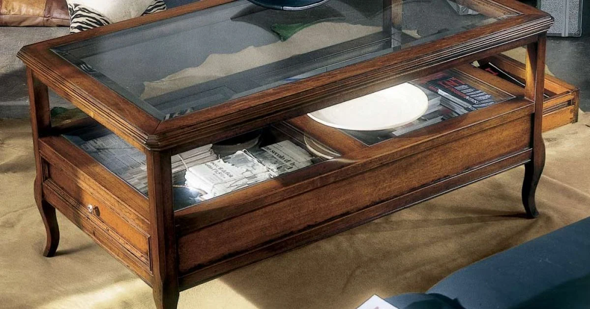 Tavolino da Soggiorno con Piano in Vetro e 2 Cassetti Made in Italy - Xipe