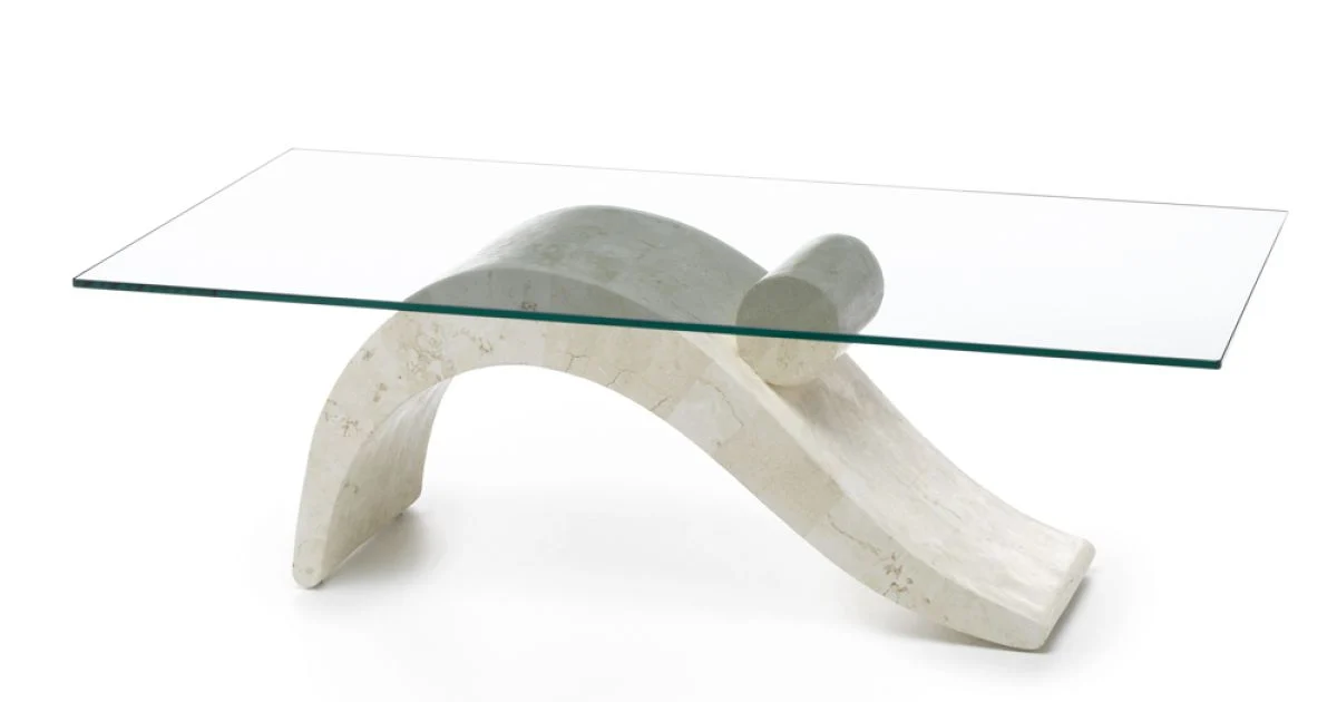 Tavolino Design Moderno con Piano in Vetro e Base Pietra Fossile - Ricarica