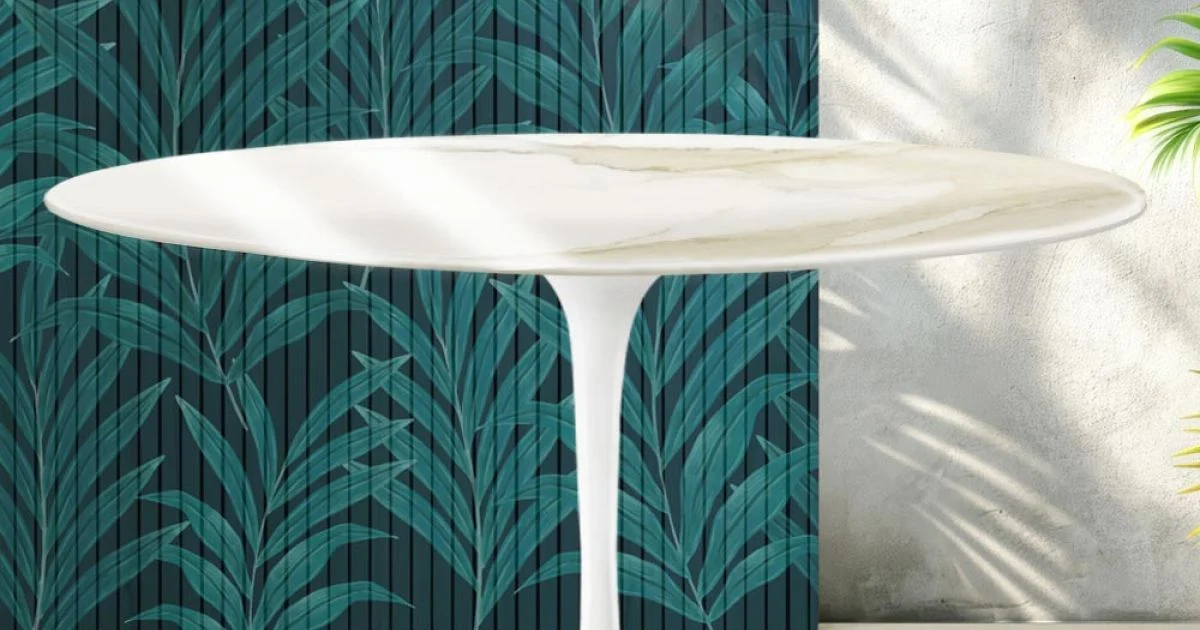 Tavolino Ovale Tulip Saarinen H 41 cm in Ceramica Florim Calacatta Gold Lucido - Scarlet