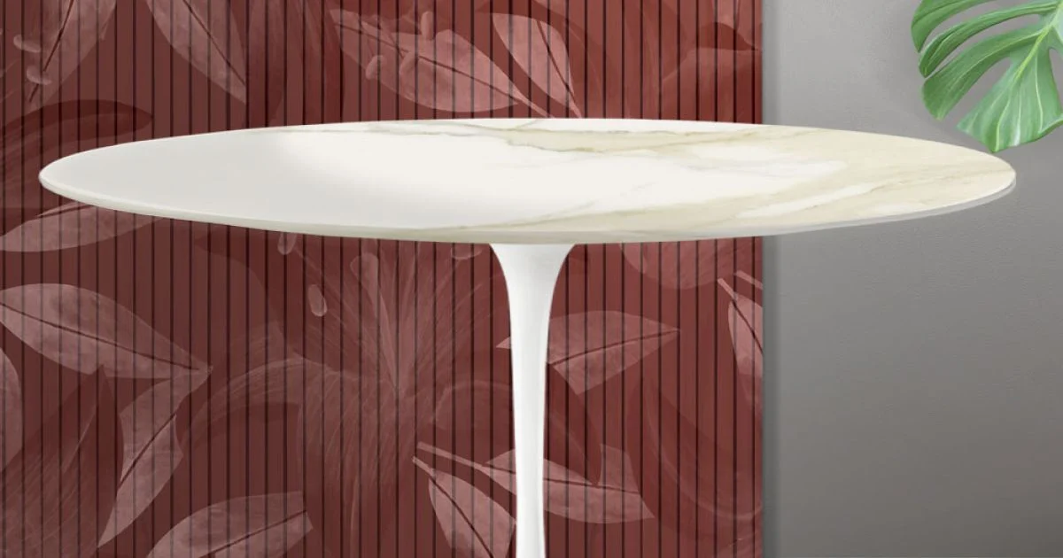 Tavolino Ovale Tulip Saarinen H 41 cm in Ceramica Florim Calacatta Gold Opaco - Scarlet