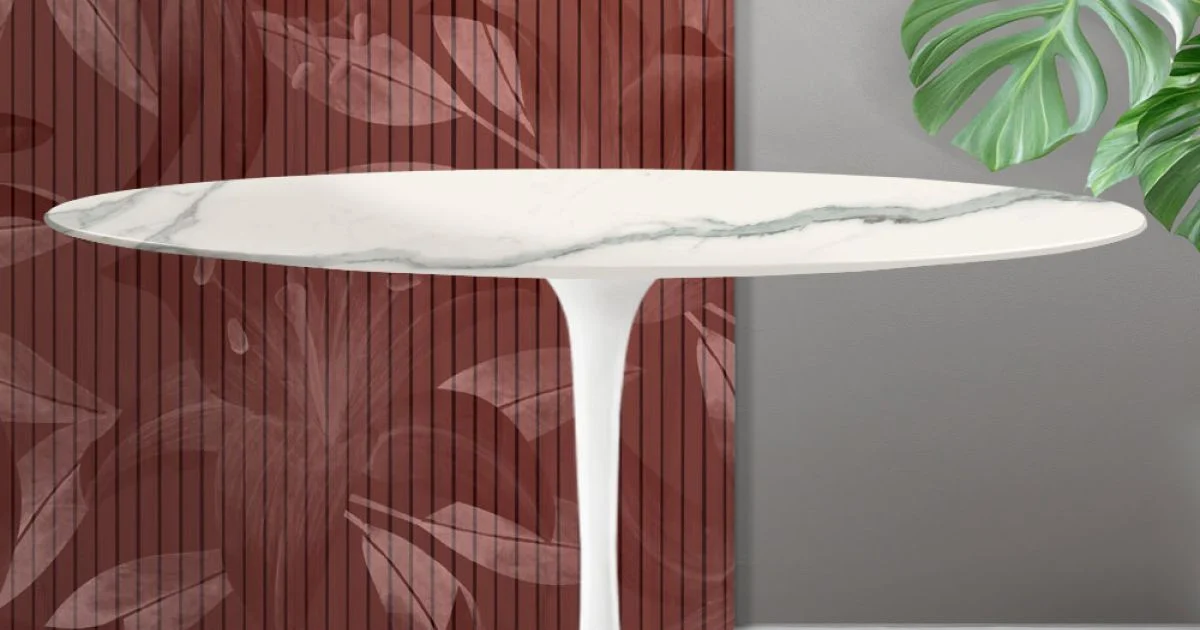 Tavolino Ovale Tulip Saarinen H 41 cm in Ceramica Florim Statuario Opaco - Scarlet