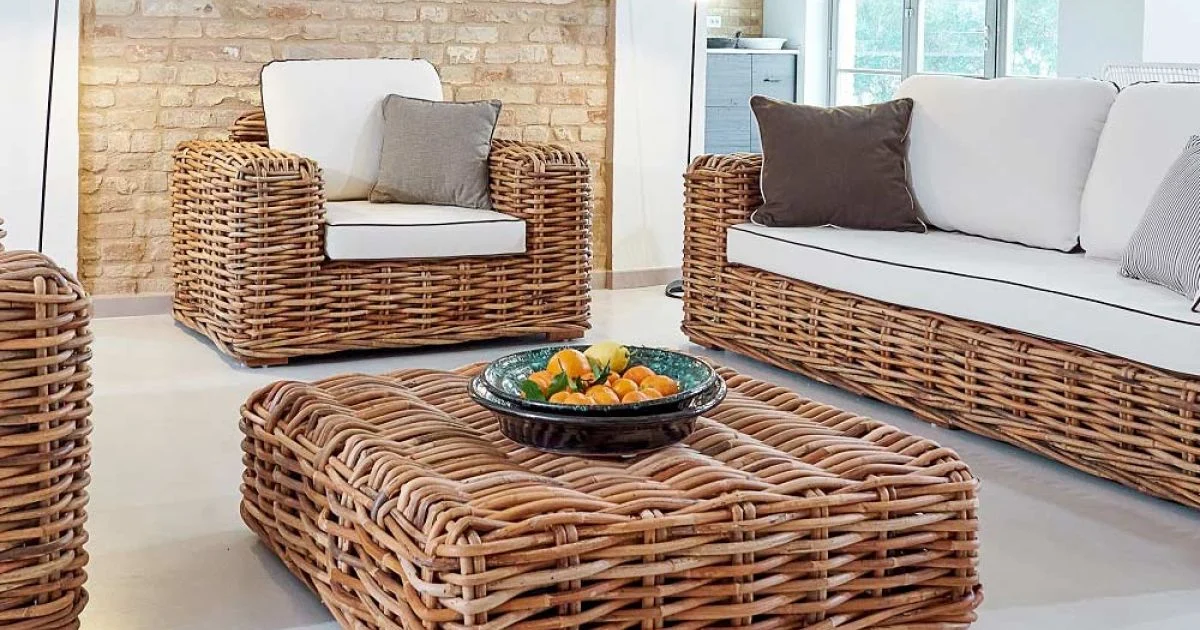 Tavolino-Pouf da Giardino in Rattan Naturale con Cuscino Incluso – Keira