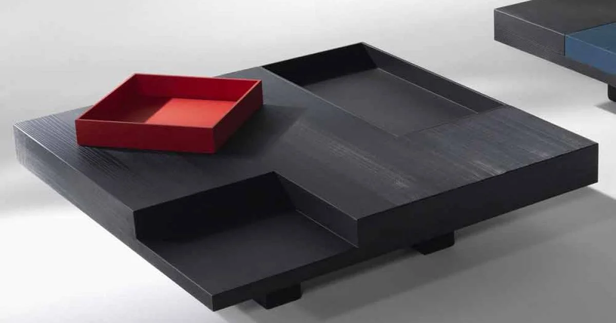 Tavolino quadrato design moderno Iris, vassoi incorporati estraibili