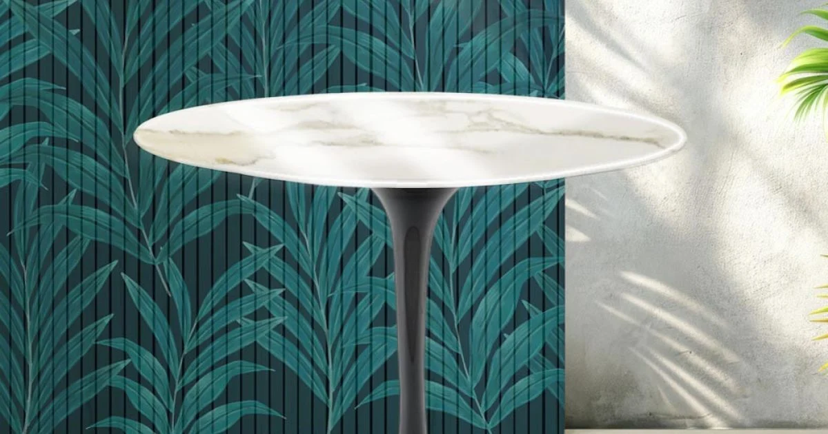 Tavolino Rotondo Tulip Saarinen H 41 cm in Ceramica Florim Calacatta Gold Lucido - Scarlet