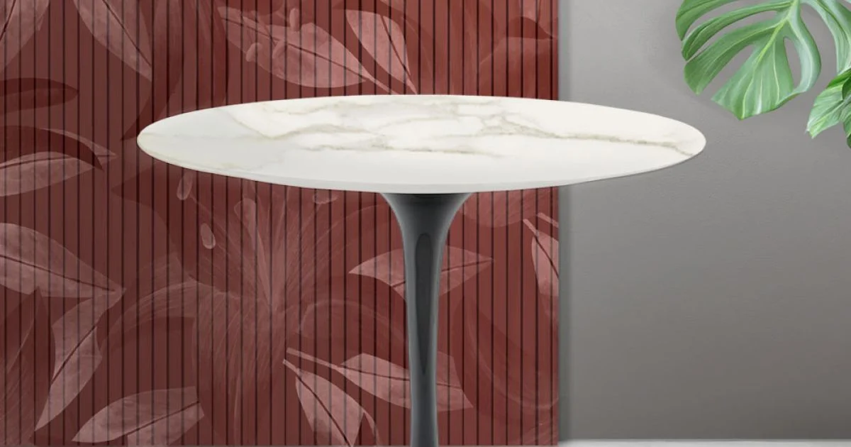 Tavolino Rotondo Tulip Saarinen H 41 cm in Ceramica Florim Calacatta Gold Opaco - Scarlet