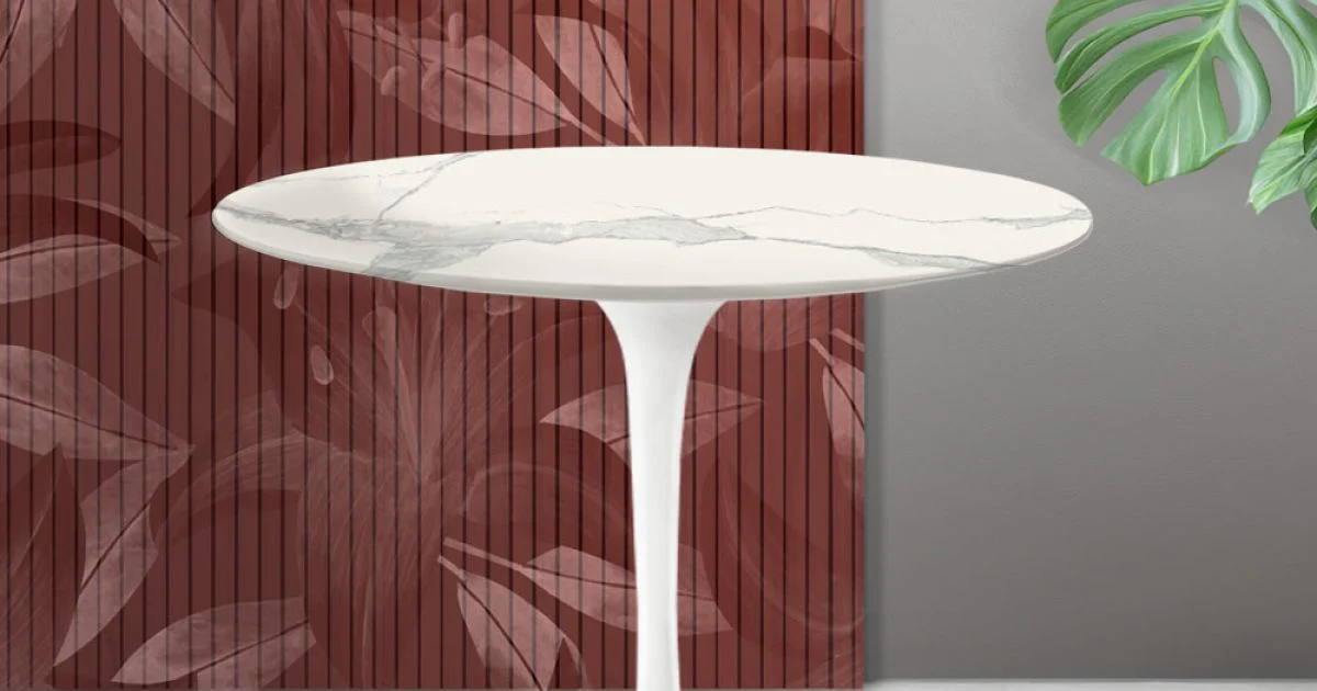 Tavolino Rotondo Tulip Saarinen H 41 cm in Ceramica Florim Statuario Opaco - Scarlet