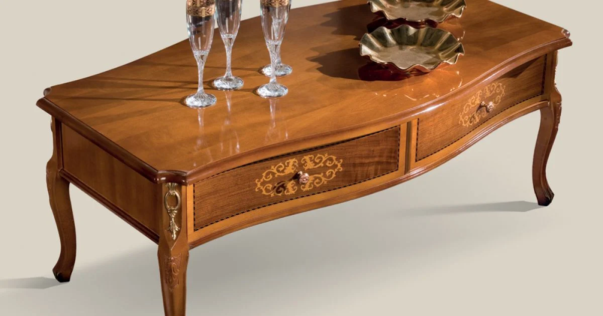Tavolino Salotto in Legno Intarsiato con 2 Cassetti Made in Italy - Katerine