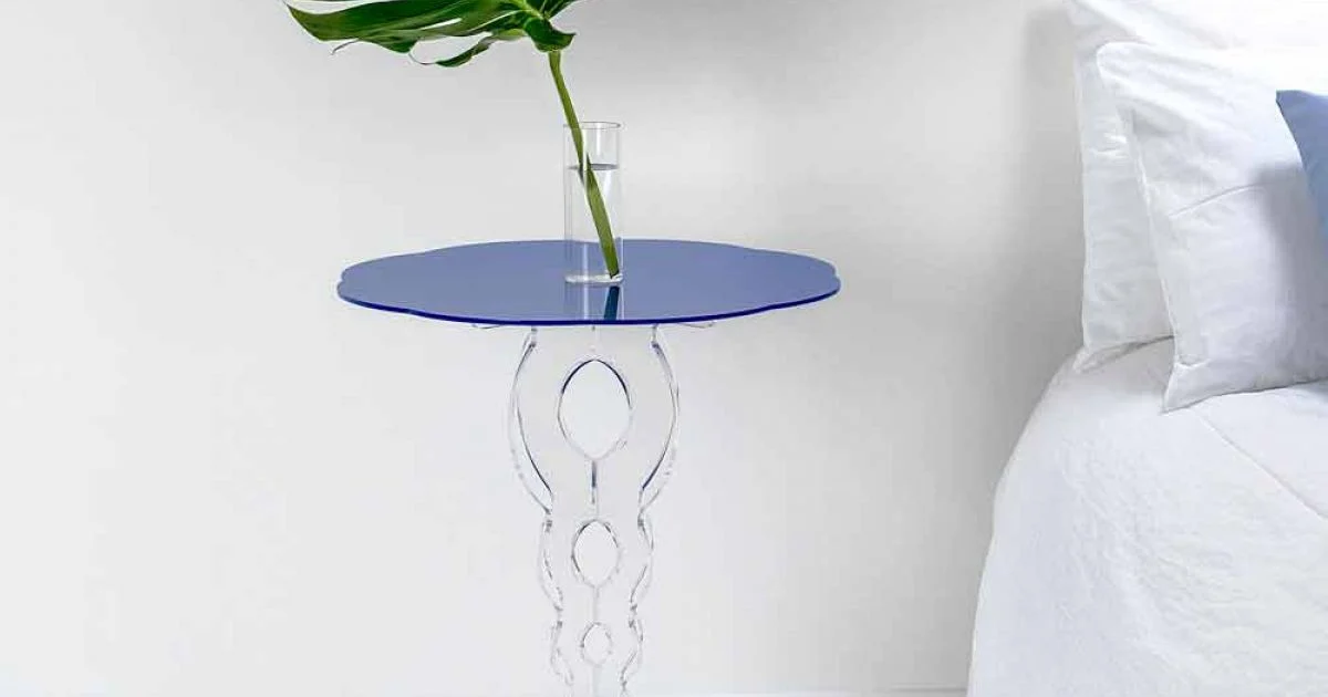Tavolino tondo blu diametro 50 cm design moderno Janis, made in Italy