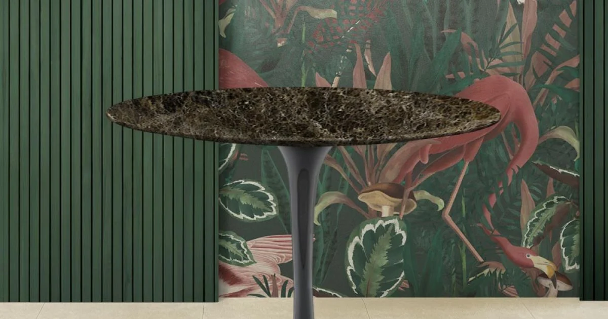 Tavolino Tulip Eero Saarinen H 39 con Piano Ovale in Marmo Emperador Dark - Scarlet