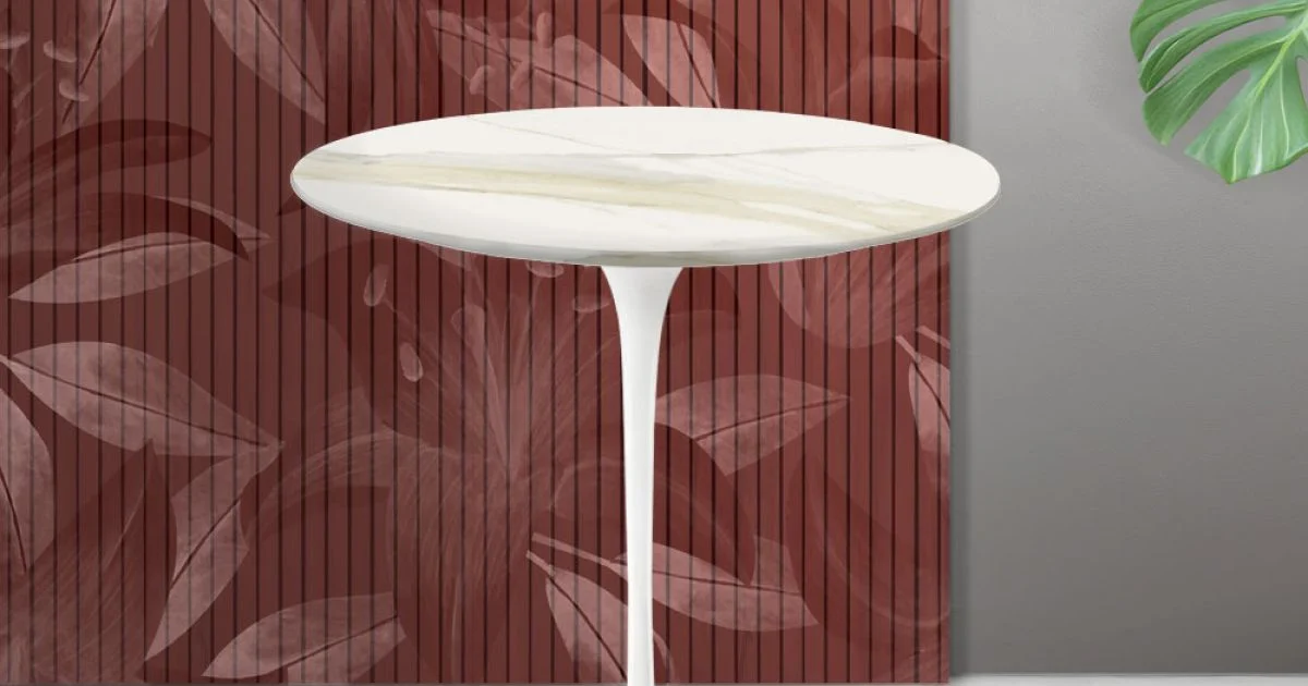 Tavolino Tulip Saarinen H 52 cm in Ceramica Florim Calacatta Gold Opaco - Scarlet