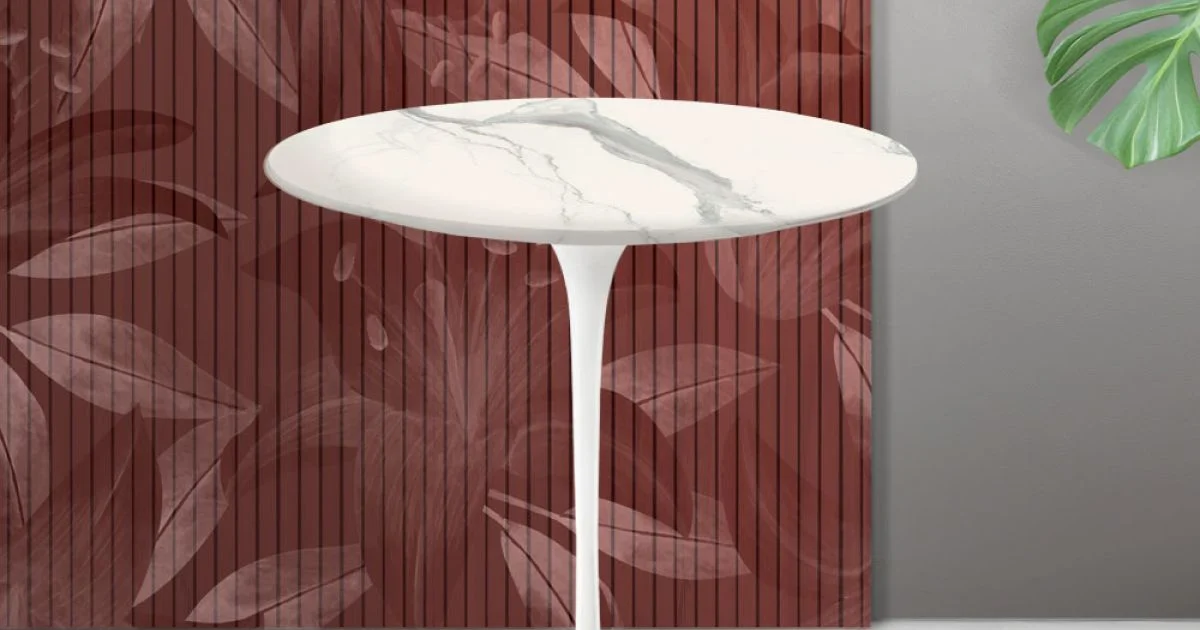 Tavolino Tulip Saarinen H 52 cm in Ceramica Florim Statuario Opaco - Scarlet