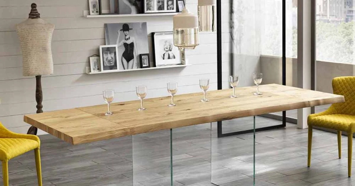 Tavolo allungabile in impiallacciato rovere con gambe in vetro - Nico
