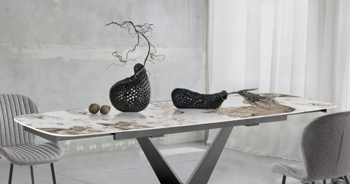 Tavolo Allungabile in Metallo e Piano in Ceramica Finitura Marmo Onice - Marche
