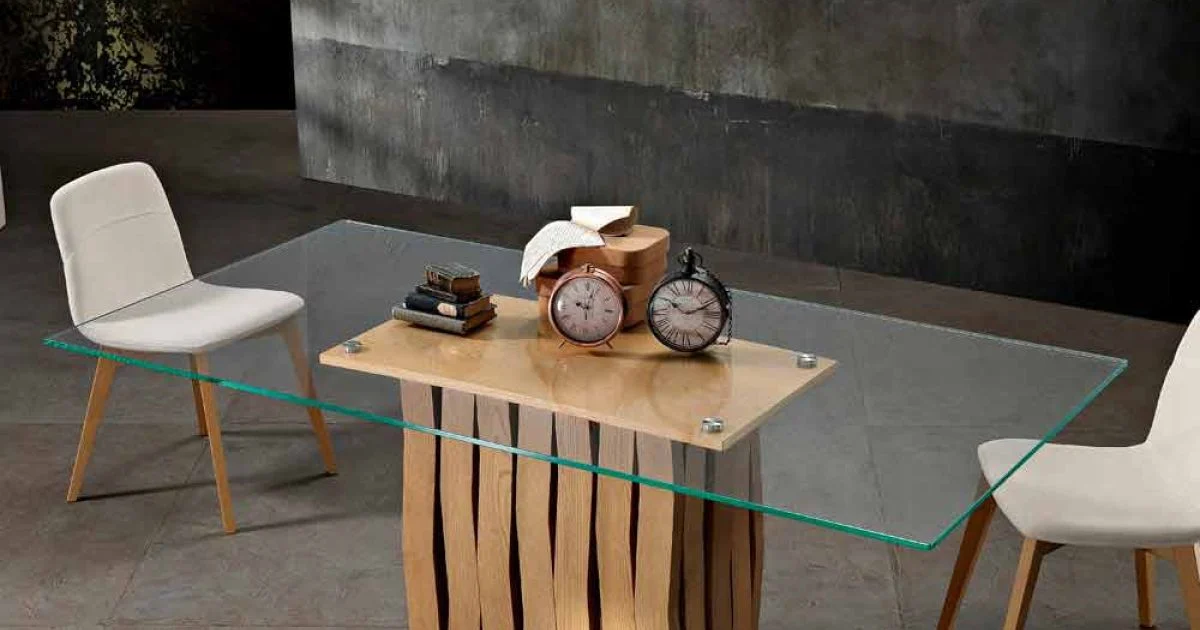 Tavolo da pranzo in vetro e legno massello made in Italy, Egisto