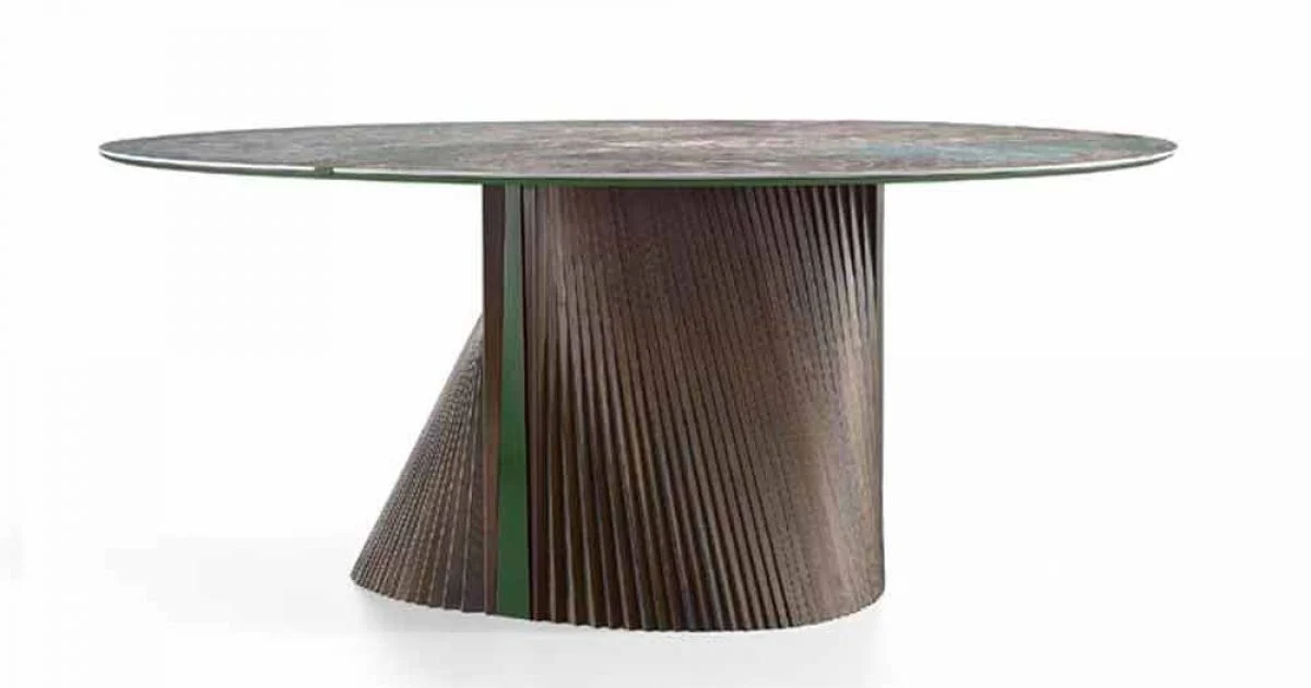 Tavolo da Pranzo Rotondo di Lusso in Gres Lucido e Legno Made in Italy - Madame