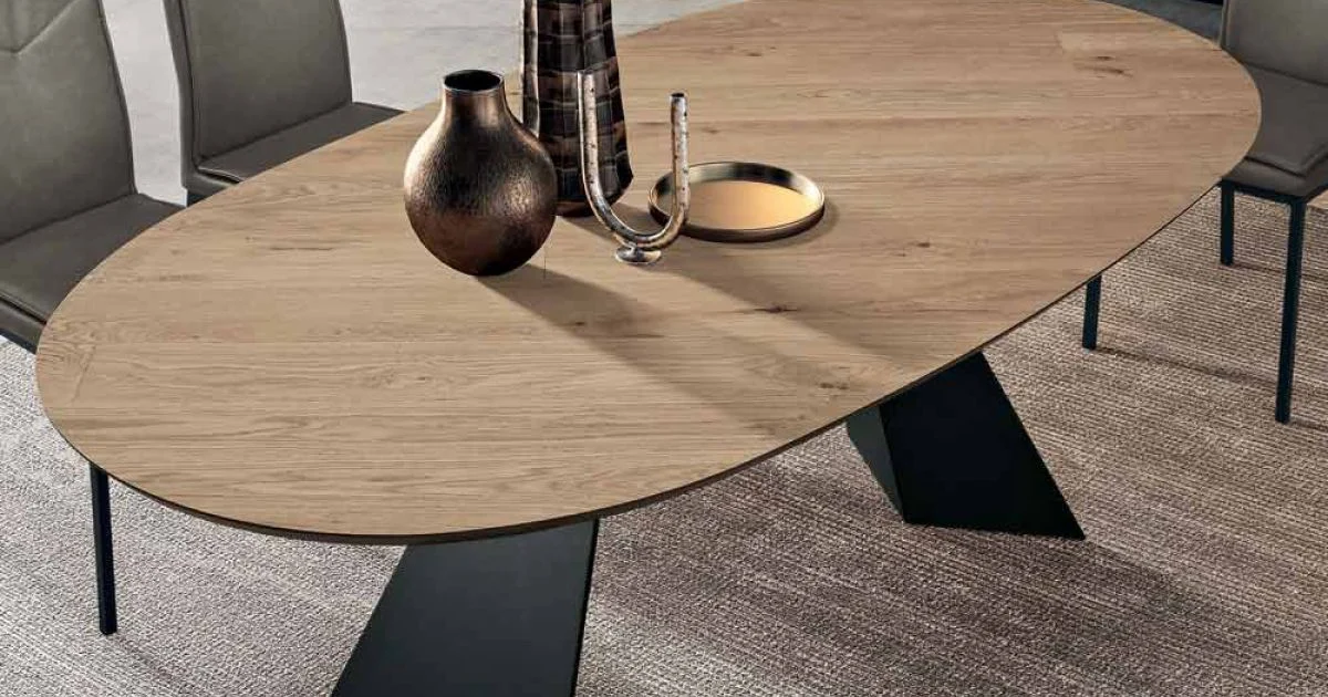 Tavolo Fisso 210x109 cm in Metallo e Rovere Impiallacciato Ovale - Marcello