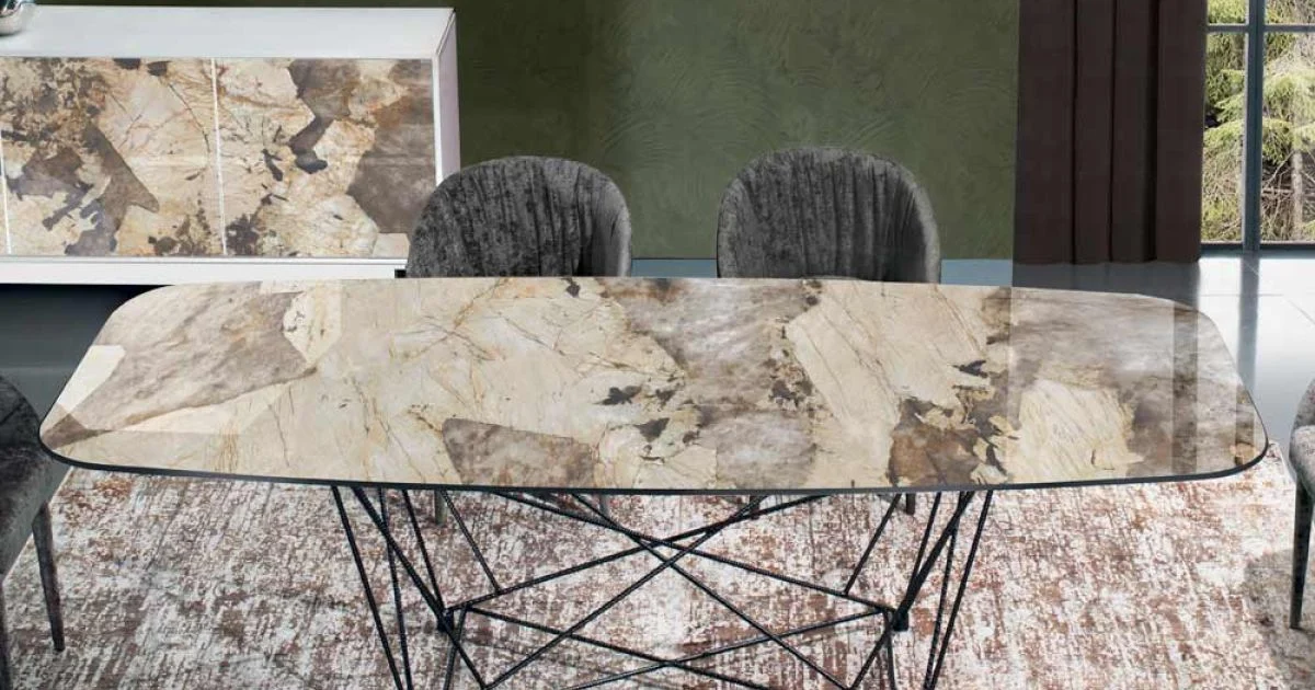 Tavolo Fisso con Piano in Ceramica a Botte e Base in Acciaio Made in Italy - Ezzellino