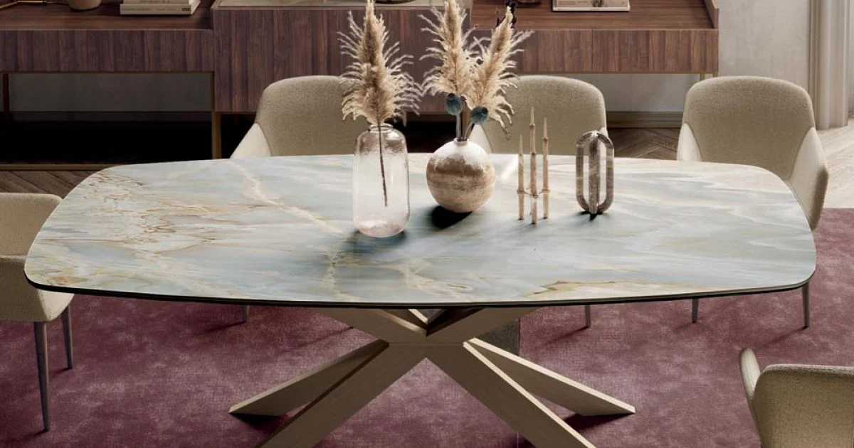 Tavolo Fisso con Piano in Ceramica Onice Argento Lucido Made in Italy - Grotta