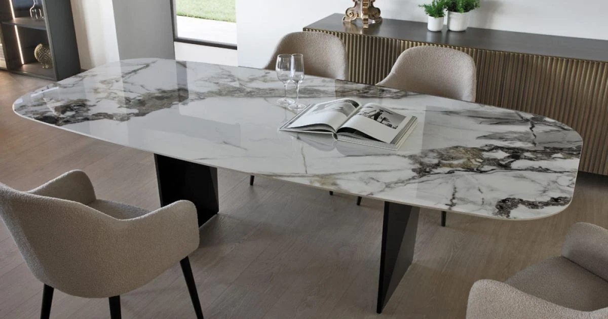 Tavolo Fisso in Metallo e Piano in Ceramica Arabesque Lucido - Eronte
