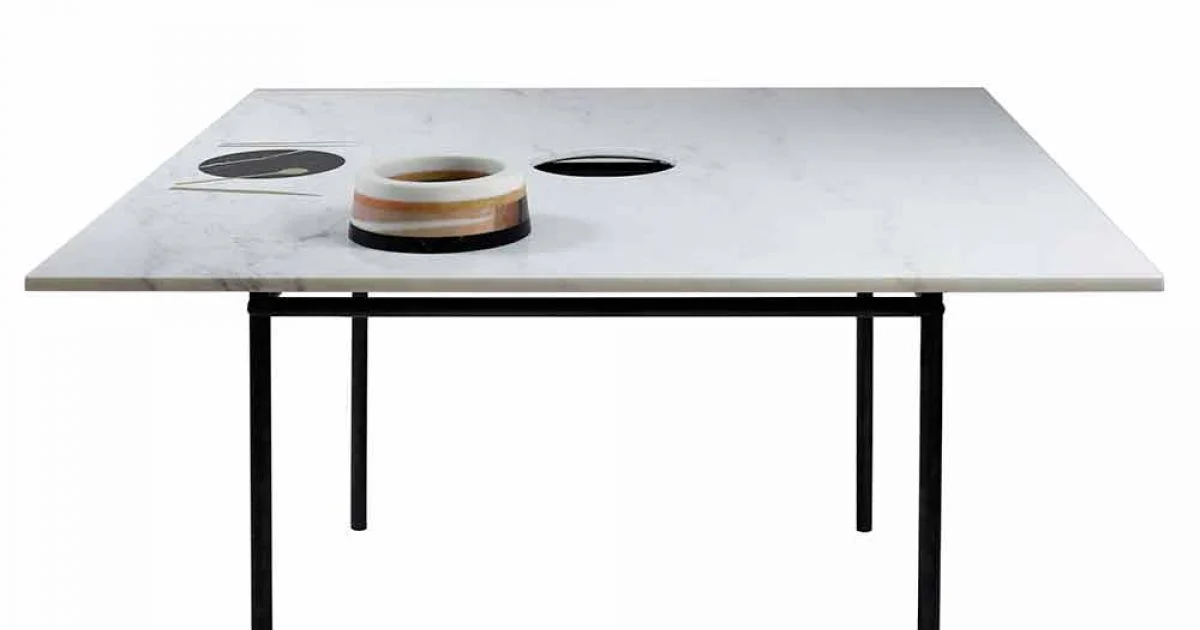 Tavolo Pranzo Quadrato con Vaso e Intarsio in Marmo 140 cm di Lusso - Vesuvio