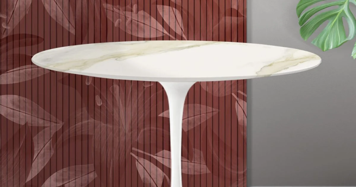Tavolo Rotondo Tulip Saarinen H 74 cm in Ceramica Florim Calacatta Gold Opaco - Scarlet