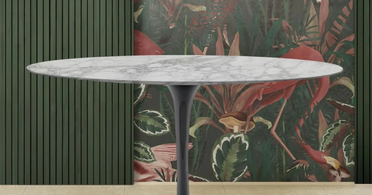 Tavolo Tulip Eero Saarinen H 74 con Piano Ovale in Marmo Arabescato Made in Italy - Scarlet
