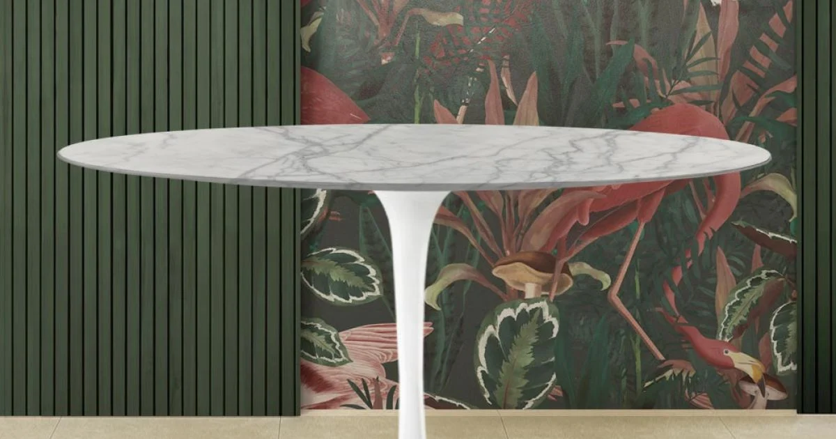 Tavolo Tulip Saarinen H 74 Ovale in Marmo di Carrara Statuarietto Made in Italy - Scarlet