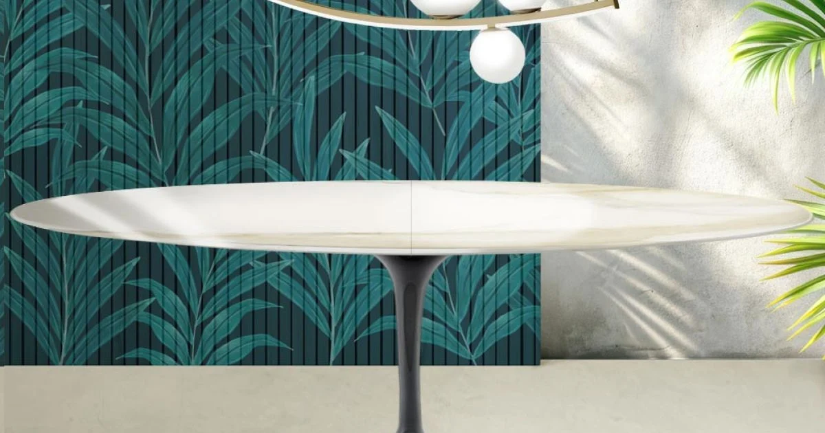 Tavolo Tulip Saarinen H 74 cm Allungabile in Ceramica Florim Calacatta Gold Lucido - Scarlet