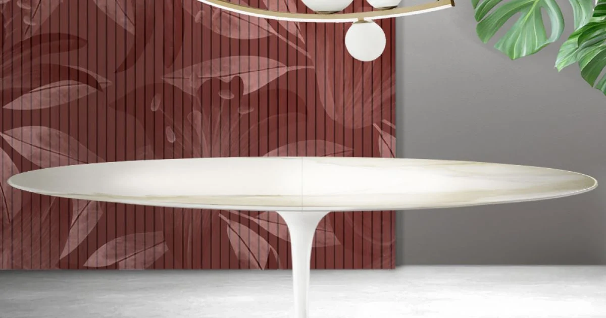 Tavolo Tulip Saarinen H 74 cm Allungabile in Ceramica Florim Calacatta Gold Opaco - Scarlet