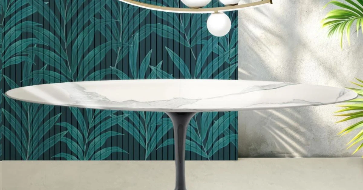Tavolo Tulip Saarinen H 74 cm Allungabile in Ceramica Florim Statuario Lucido - Scarlet