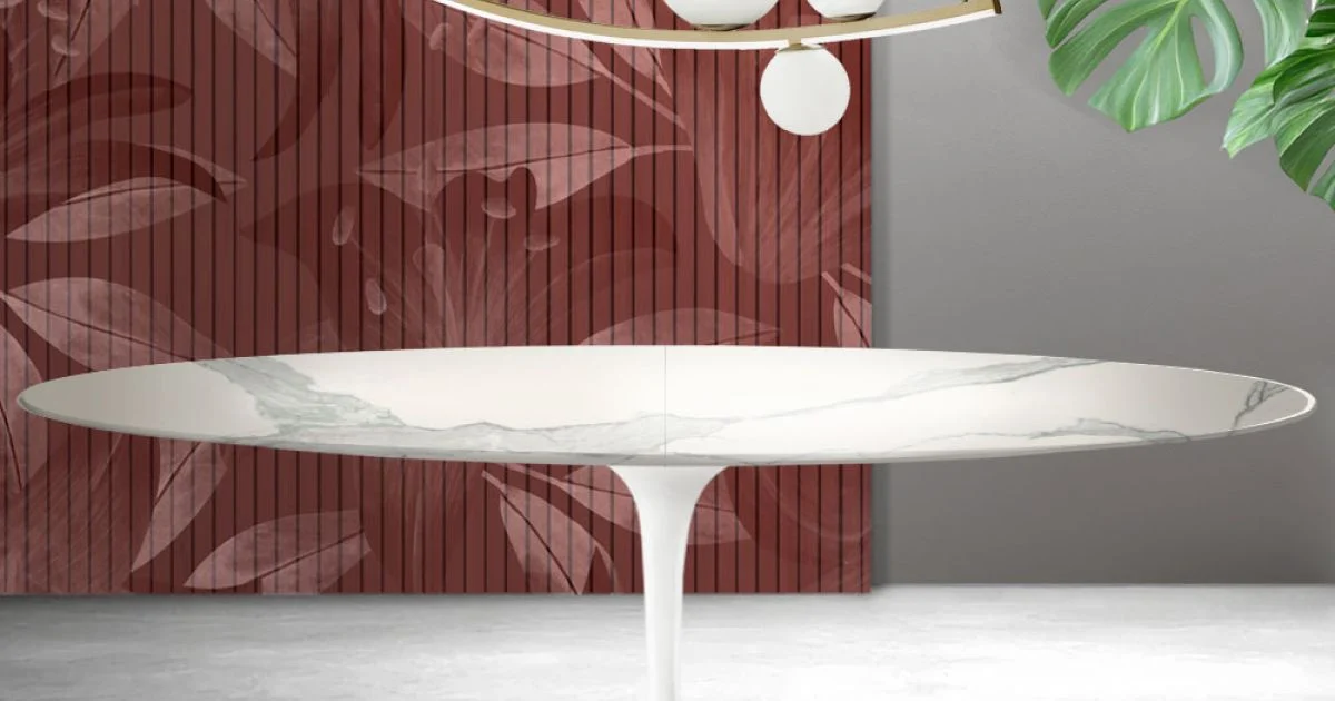 Tavolo Tulip Saarinen H 74 cm Allungabile in Ceramica Florim Statuario Opaco - Scarlet