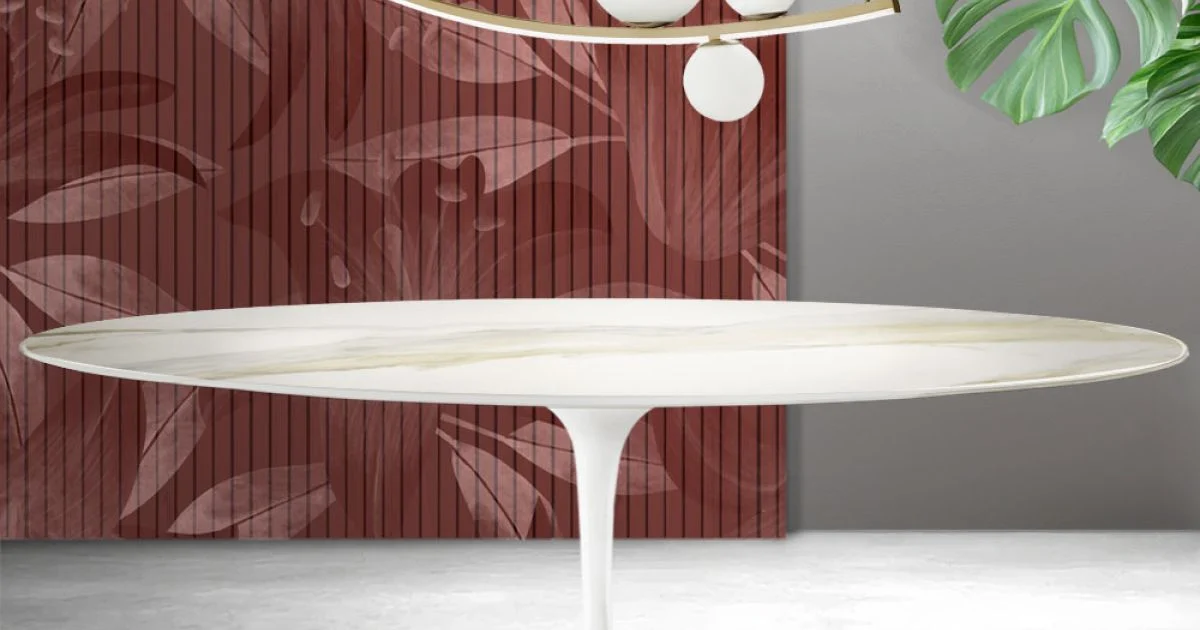 Tavolo Tulip Saarinen H 74 cm in Ceramica Florim Calacatta Gold Opaco - Scarlet