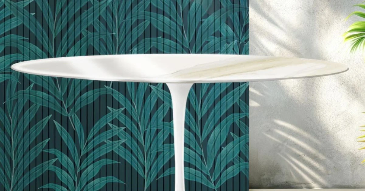 Tavolo Tulip Saarinen H 74 cm Rotondo in Ceramica Florim Calacatta Gold Lucido - Scarlet