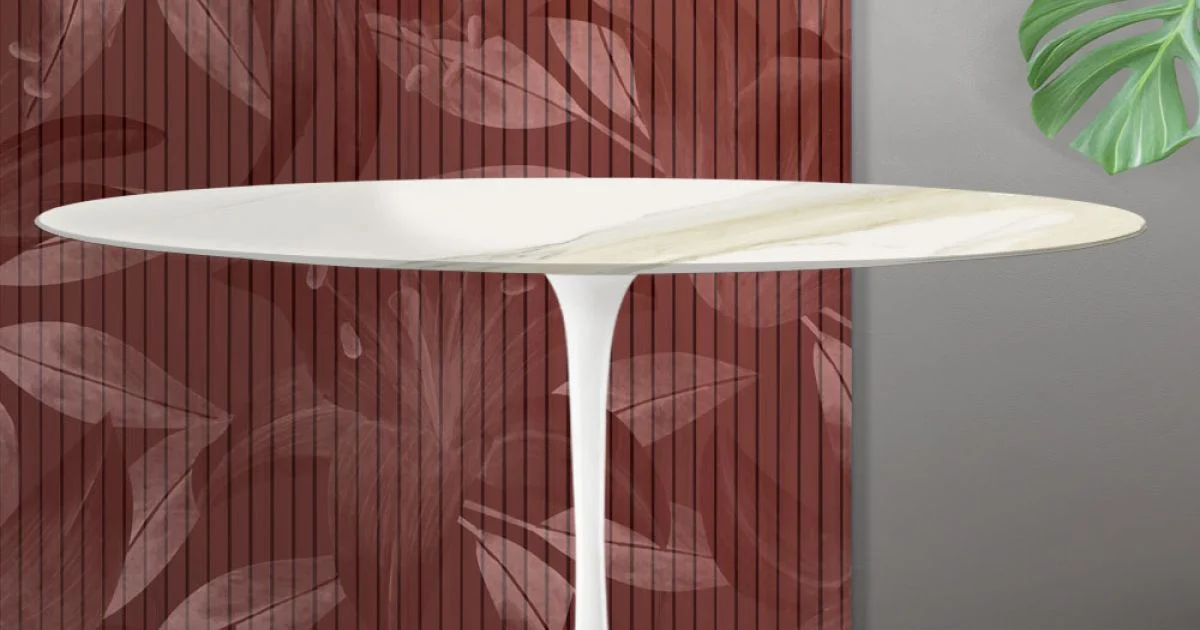 Tavolo Tulip Saarinen H 74 cm Rotondo in Ceramica Florim Calacatta Gold Opaco - Scarlet