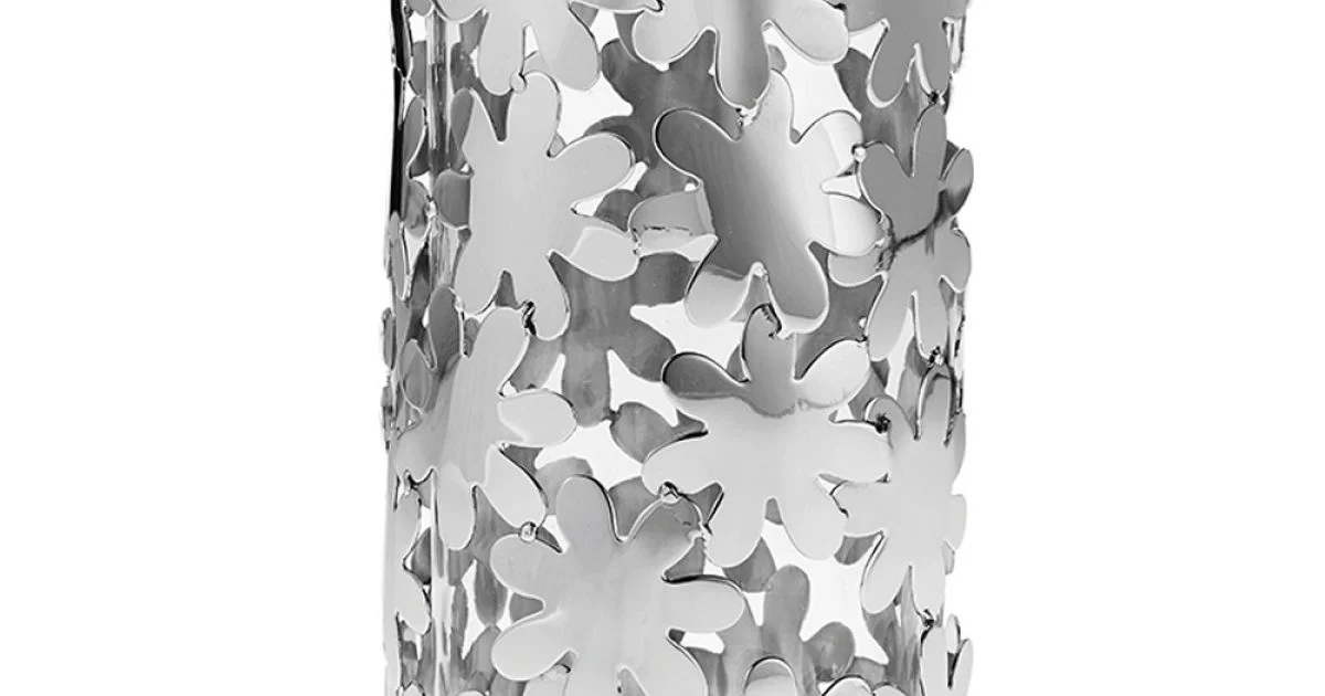Vaso Cilindrico in Vetro e Metallo Argentato e Decoro a Fiore Lusso - Terraceo